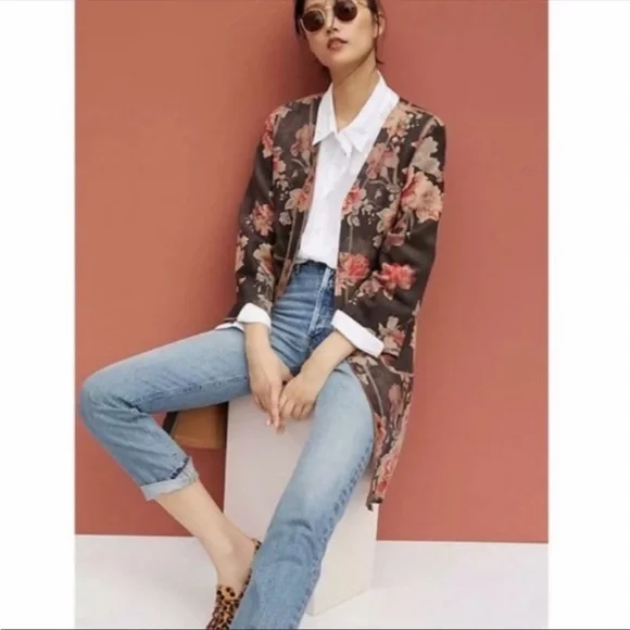 Anthropologie Solitaire Dark Purple Faux Suede Floral Kimono Jacket - Picture 9 of 11